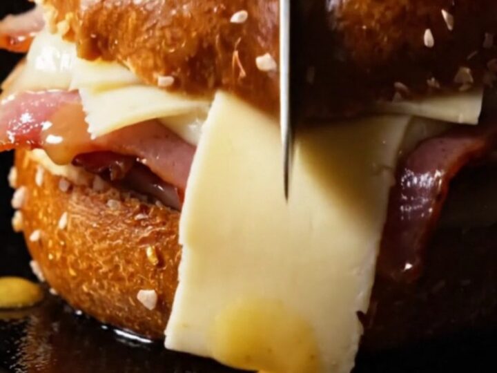A close-up of a honey-mustard glazed ham and Gruyère sandwich on a toasted pretzel bun with visible cheese pull.