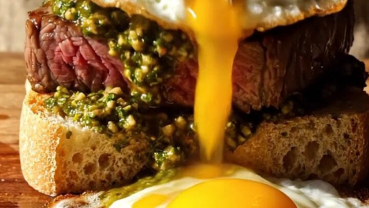 A close-up of a juicy ribeye steak sandwich on toasted ciabatta topped with vibrant green chimichurri and a runny fried egg.