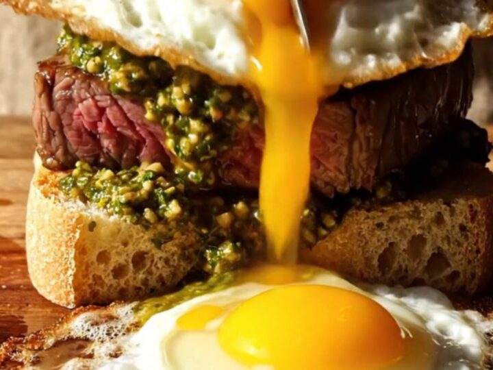 A close-up of a juicy ribeye steak sandwich on toasted ciabatta topped with vibrant green chimichurri and a runny fried egg.
