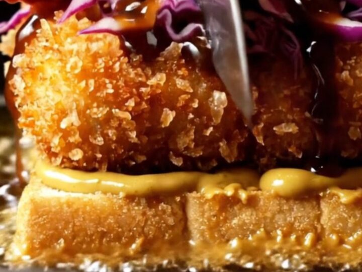 A close-up view of a crispy tofu katsu sando on toasted milk bread with curry mayo.