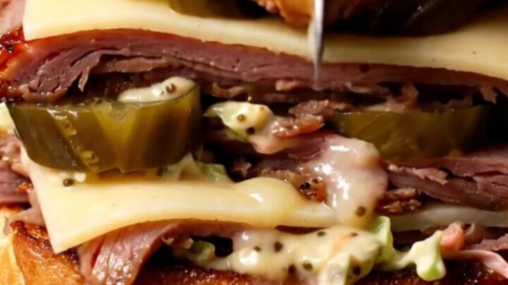 A close-up shot of a hot pastrami sandwich on a brioche bun with melting Swiss cheese and creamy slaw.