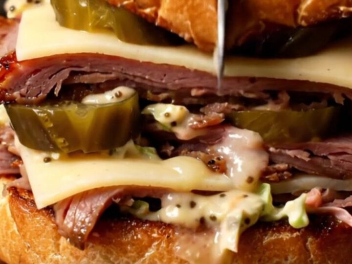A close-up shot of a hot pastrami sandwich on a brioche bun with melting Swiss cheese and creamy slaw.