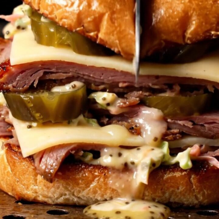 A close-up shot of a hot pastrami sandwich on a brioche bun with melting Swiss cheese and creamy slaw.
