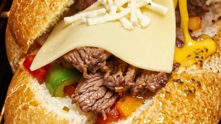 A crispy, golden-brown Philly cheesesteak stuffed garlic bread boat with a dramatic cheese pull.