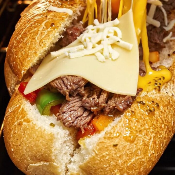 A crispy, golden-brown Philly cheesesteak stuffed garlic bread boat with a dramatic cheese pull.