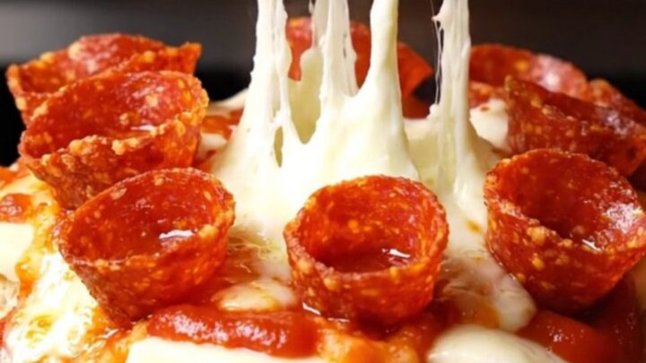 A close-up of a pull-apart pepperoni pizza garlic bread loaf with melted mozzarella and crispy pepperoni.