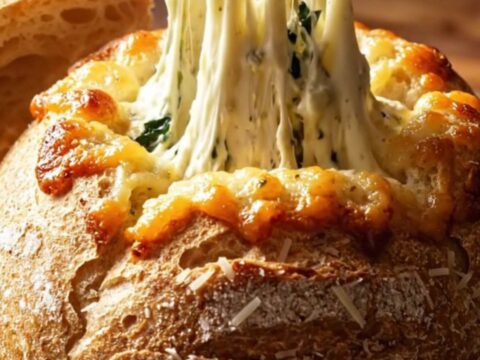 A golden, toasted sourdough bread bowl filled with bubbling, creamy spinach and artichoke dip.