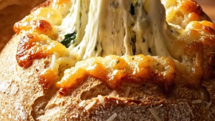 A golden, toasted sourdough bread bowl filled with bubbling, creamy spinach and artichoke dip.