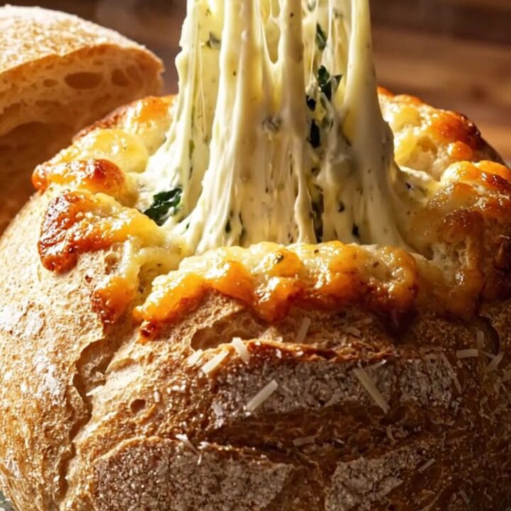 A golden, toasted sourdough bread bowl filled with bubbling, creamy spinach and artichoke dip.