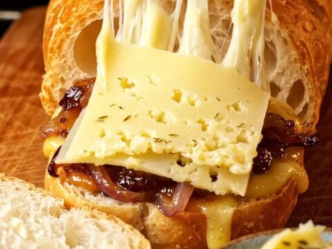 A crispy Hasselback baguette stuffed with melted Gruyère cheese and caramelized onions on a wooden board.