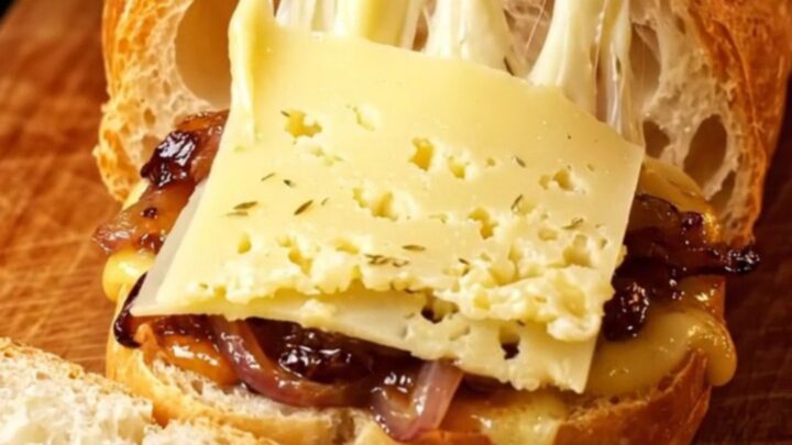 A crispy Hasselback baguette stuffed with melted Gruyère cheese and caramelized onions on a wooden board.