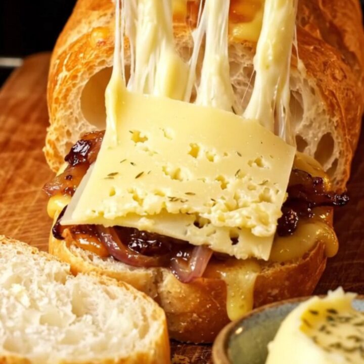 A crispy Hasselback baguette stuffed with melted Gruyère cheese and caramelized onions on a wooden board.