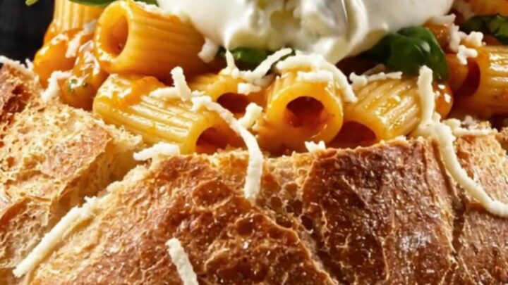 A crispy, golden garlic bread loaf filled with spicy vodka rigatoni and topped with fresh burrata.