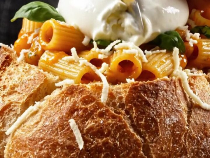 A crispy, golden garlic bread loaf filled with spicy vodka rigatoni and topped with fresh burrata.