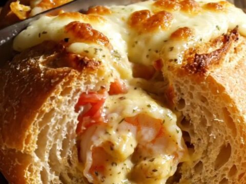 A close-up of a golden-brown ciabatta bread boat filled with a creamy Tuscan shrimp scampi and melted mozzarella.