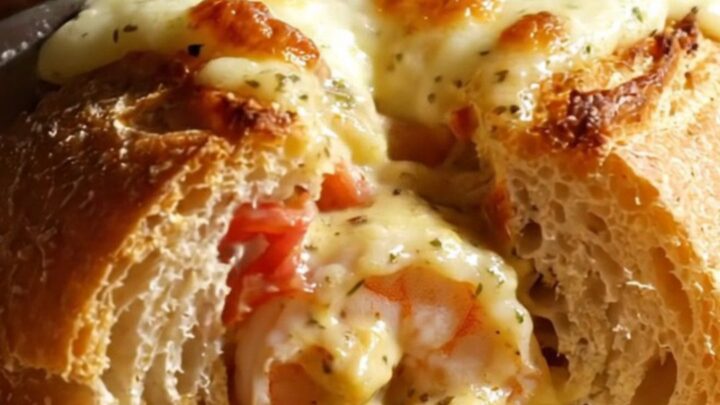 A close-up of a golden-brown ciabatta bread boat filled with a creamy Tuscan shrimp scampi and melted mozzarella.
