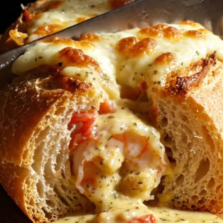 A close-up of a golden-brown ciabatta bread boat filled with a creamy Tuscan shrimp scampi and melted mozzarella.