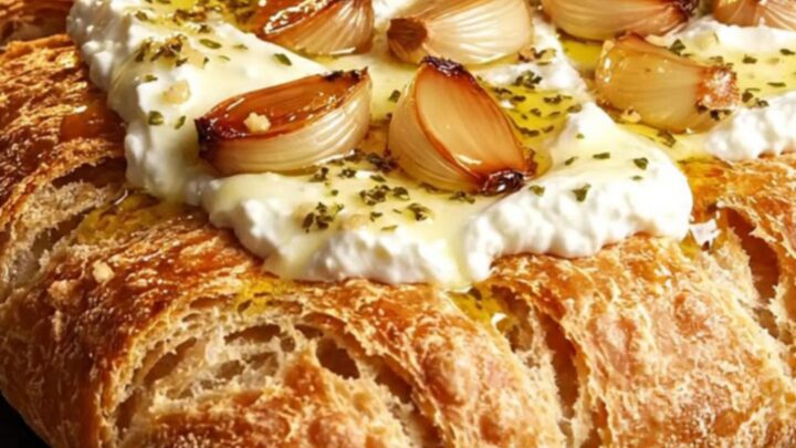 A close-up shot of crispy fougasse bread topped with fluffy whipped ricotta, roasted garlic cloves, and a drizzle of honey.