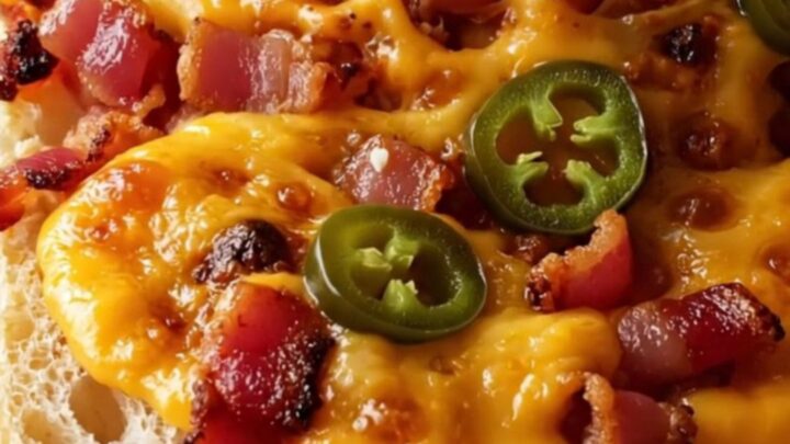 A close-up shot of a cheesy, golden jalapeño popper garlic bread with visible bacon and blistered cheese.