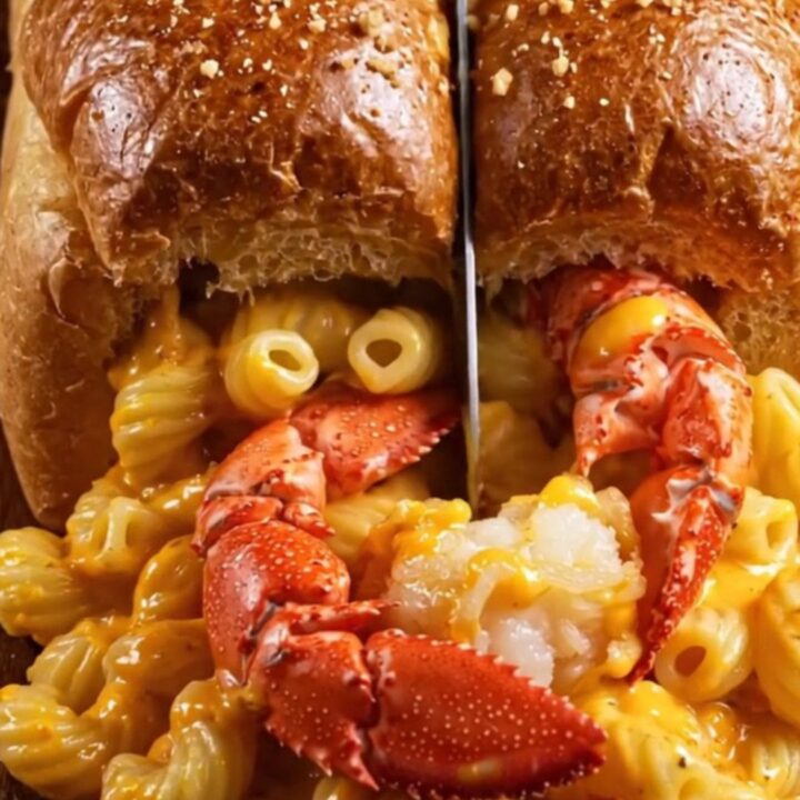 A golden-brown toasted brioche boat filled with creamy lobster mac and cheese, overflowing slightly.