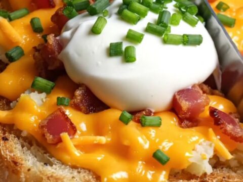 A close-up of a loaded baked potato garlic bread topped with melted cheese, crispy bacon, and fresh chives.