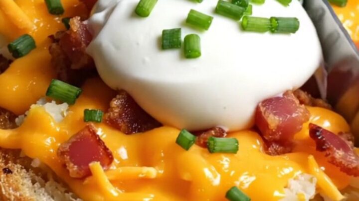 A close-up of a loaded baked potato garlic bread topped with melted cheese, crispy bacon, and fresh chives.