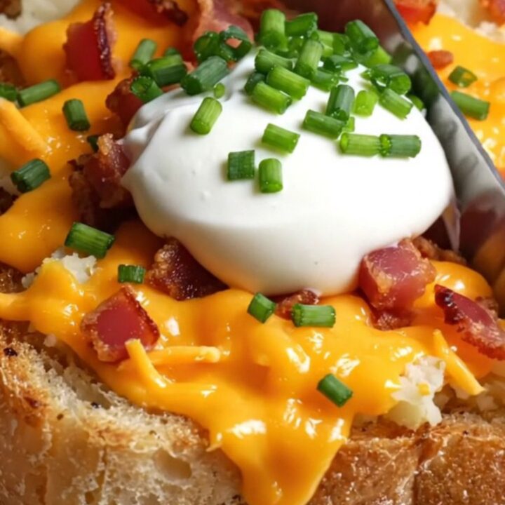 A close-up of a loaded baked potato garlic bread topped with melted cheese, crispy bacon, and fresh chives.