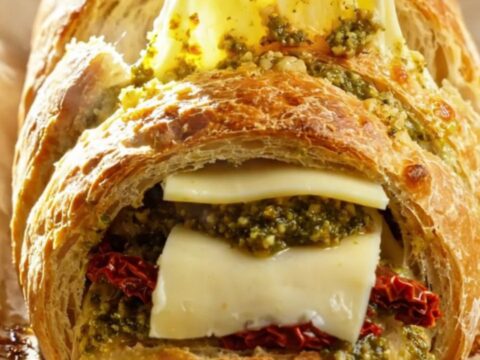 A rustic Italian loaf sliced accordion-style, stuffed with vibrant green pesto, red sun-dried tomatoes