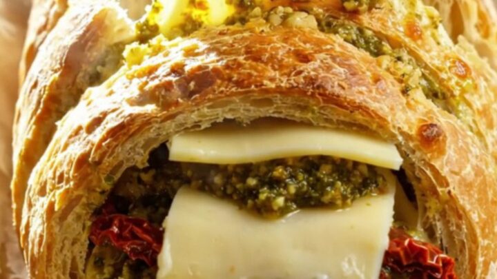 A rustic Italian loaf sliced accordion-style, stuffed with vibrant green pesto, red sun-dried tomatoes