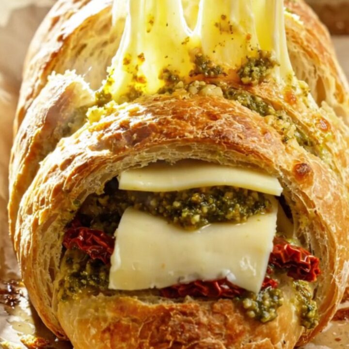 A rustic Italian loaf sliced accordion-style, stuffed with vibrant green pesto, red sun-dried tomatoes