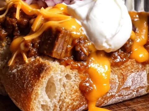 A crispy sourdough bread loaf hollowed out and filled with rich, dark smoked brisket chili and molten sharp cheddar cheese.
