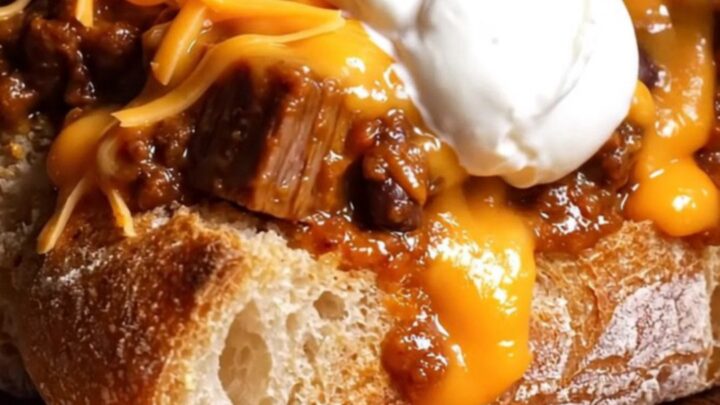 A crispy sourdough bread loaf hollowed out and filled with rich, dark smoked brisket chili and molten sharp cheddar cheese.