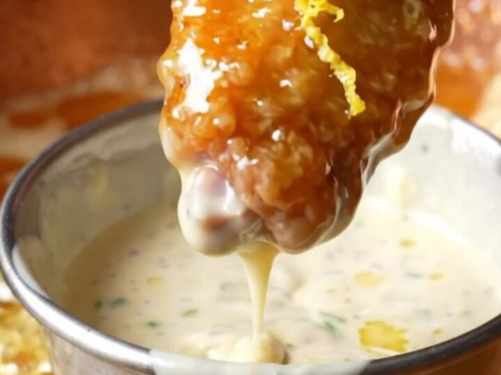 A close-up of golden-brown fried chicken wings coated in a glossy, amber hot honey glaze with lemon zest.