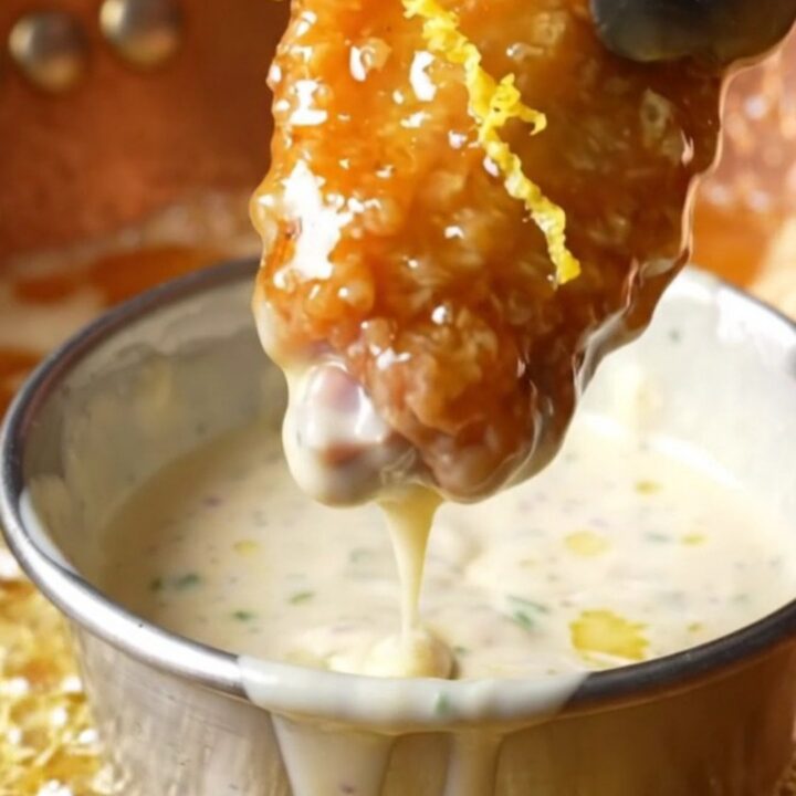 A close-up of golden-brown fried chicken wings coated in a glossy, amber hot honey glaze with lemon zest.