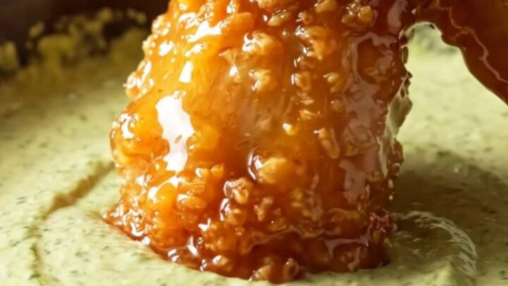 Close-up of crispy fried chicken wings coated in a glossy, vibrant orange mango habanero glaze.