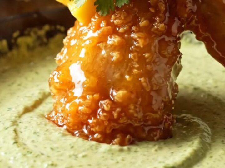 Close-up of crispy fried chicken wings coated in a glossy, vibrant orange mango habanero glaze.