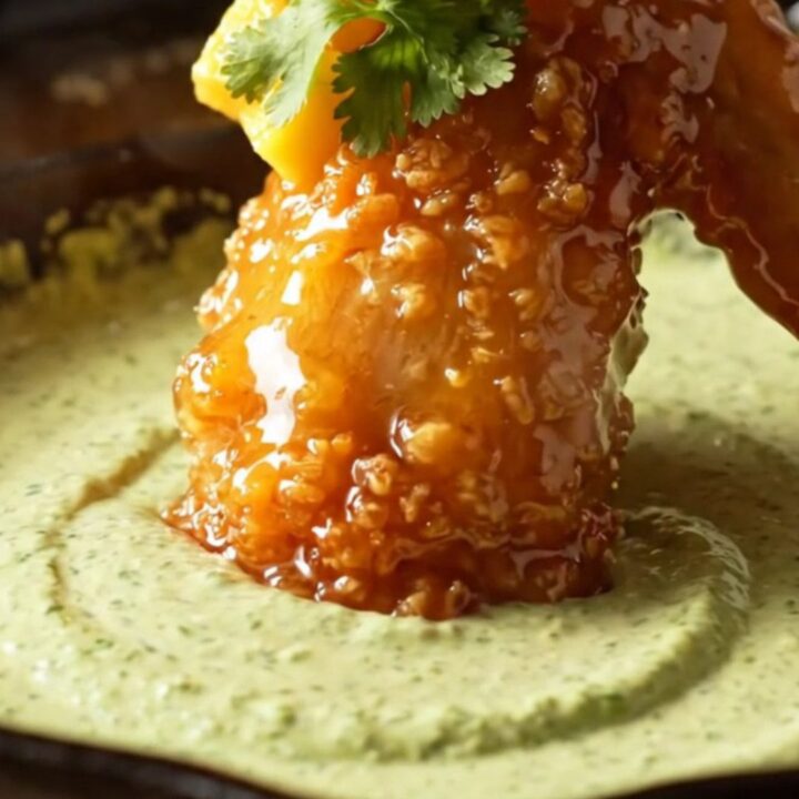 Close-up of crispy fried chicken wings coated in a glossy, vibrant orange mango habanero glaze.