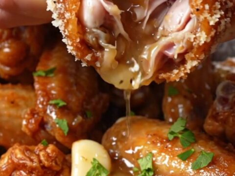 Crispy golden air-fried chicken wings topped with grated parmesan and fresh parsley in a rustic Italian kitchen setting.