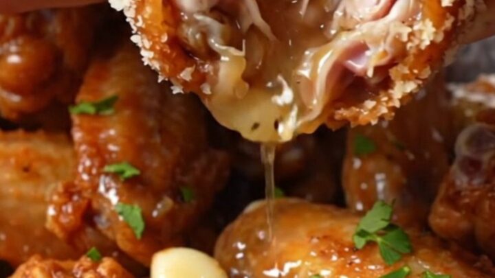 Crispy golden air-fried chicken wings topped with grated parmesan and fresh parsley in a rustic Italian kitchen setting.
