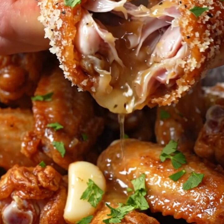 Crispy golden air-fried chicken wings topped with grated parmesan and fresh parsley in a rustic Italian kitchen setting.