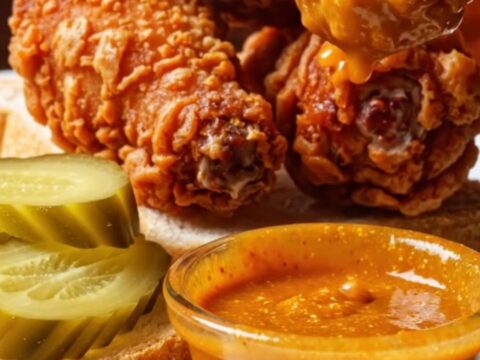 A towering stack of crispy, golden-brown Nashville hot wings drizzled with vibrant red cayenne oil.