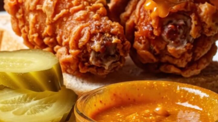A towering stack of crispy, golden-brown Nashville hot wings drizzled with vibrant red cayenne oil.