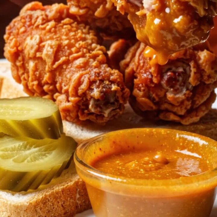 A towering stack of crispy, golden-brown Nashville hot wings drizzled with vibrant red cayenne oil.