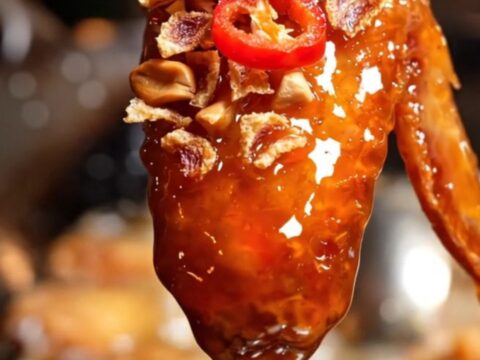 A close-up of golden-fried chicken wings coated in a glossy, red sweet chili glaze