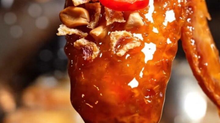A close-up of golden-fried chicken wings coated in a glossy, red sweet chili glaze