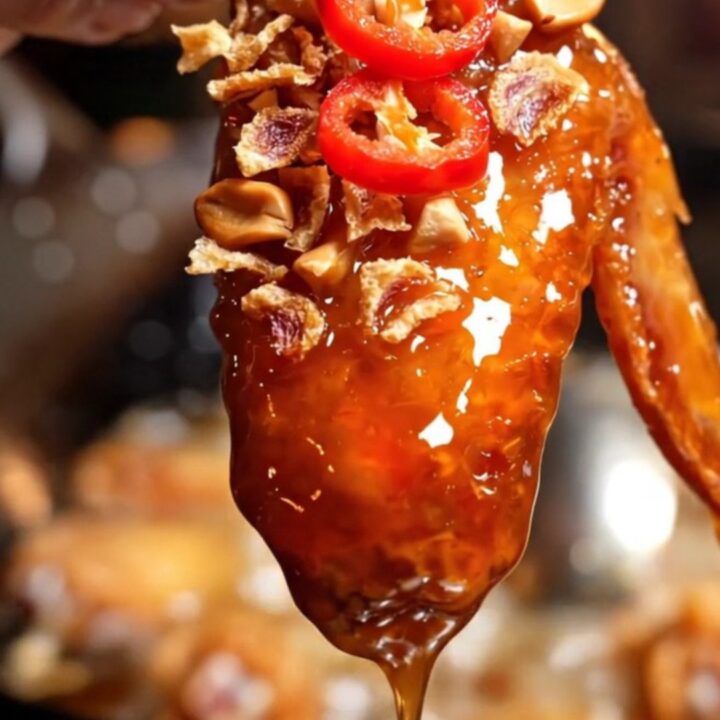 A close-up of golden-fried chicken wings coated in a glossy, red sweet chili glaze