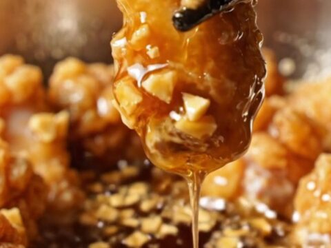A close-up of crispy golden-brown chicken wings coated in a glistening honey garlic soy glaze in a stainless steel pan.