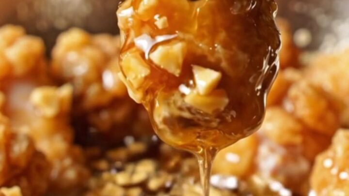 A close-up of crispy golden-brown chicken wings coated in a glistening honey garlic soy glaze in a stainless steel pan.