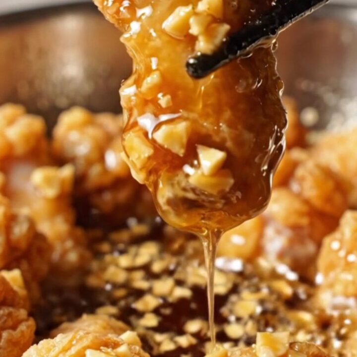 A close-up of crispy golden-brown chicken wings coated in a glistening honey garlic soy glaze in a stainless steel pan.