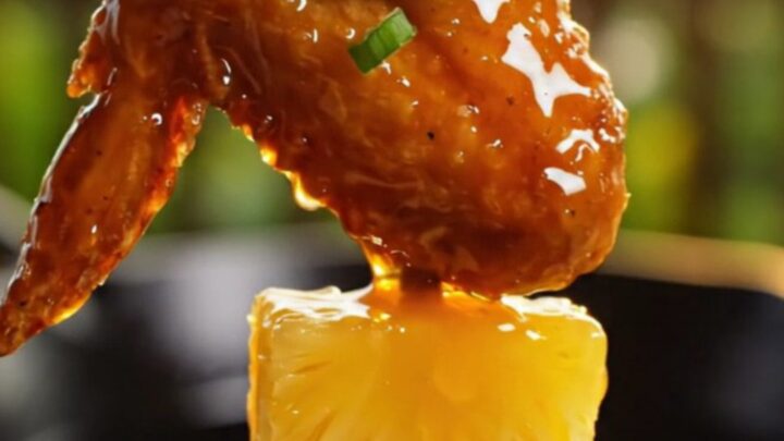 Sticky teriyaki pineapple wings glistening with a golden glaze, garnished with sesame seeds and green onion curls.
